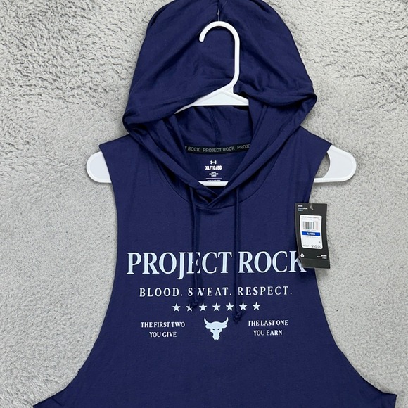 Under Armour Mens Project Rock Hoodie Shirt XL Blue Sleeveless Drawstring NEW
